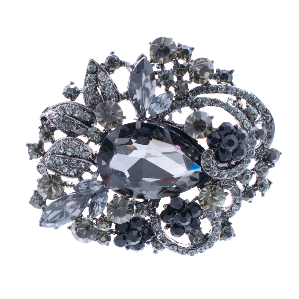 Броши и булавки в винтажном стиле булавка черные кристаллы стразы листья цветок