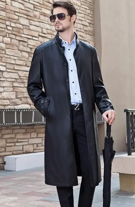 

Autumn stand collar single-breasted leather coats men slim long coat mens leather trench coats black autumn fashion M- 4XL