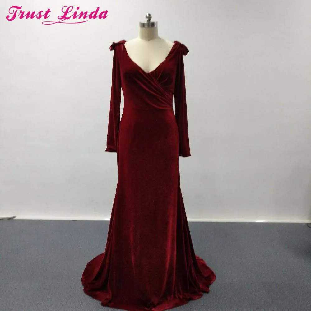 Trust Linda Burgundy Velvet Mother dresses long sleeves mermiad Sexy V-neckline party dress plus size celebrity Gowns | Свадьбы и