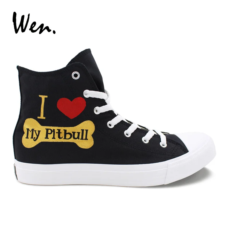 

Wen Custom Design Pet Dog Pitbull Black Hand Painted Canvas Shoes High Top Men Women's Sneakers Trainers Skateboarding