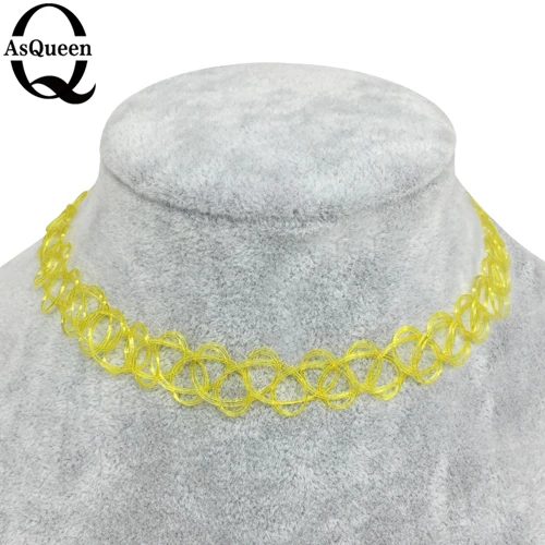 Yellow Asqueen Q Марка Винтаж Чокер-тату из эластичного материала в стиле 90-х Цепочки и ожерелья в ретро-стиле; готическая обувь в стиле «панк»; с эластичной резинкой на 80s 90 модных черных туфель/Красочные - Окраска металла: Yellow