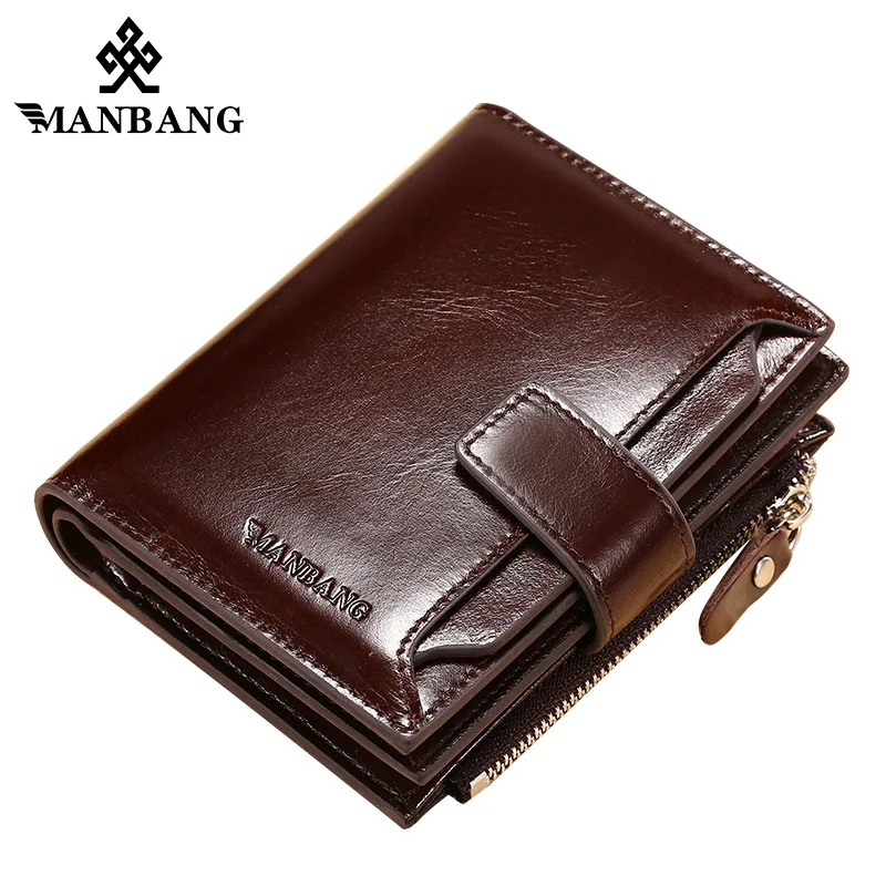 ManBang Hot Sale Wallets Man Short Genuine Leather Card Holder Snap Brand Mini Purse Folding Designer Coin Bag Male high quality