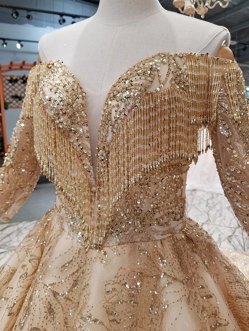 SSYFashion, новинка, роскошное Золотое свадебное платье, винтажное, высокое качество, 3/4 рукав, кружево, блестки, шлейф, вечерние платья для выпускного вечера, Vestido De Noiva