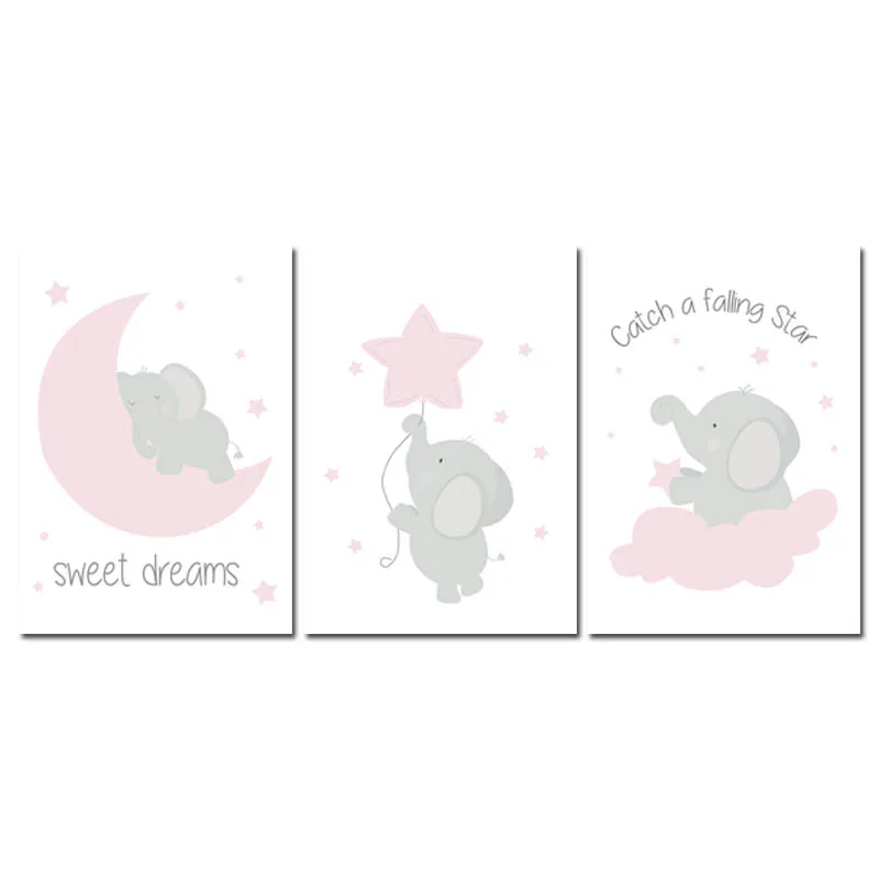 3 pcs Set Розовый слон звезда холст дети плакат печать девочка детская стены Искусство картина скандинавские Дети украшения спальни - Цвет: 3 pcs Set