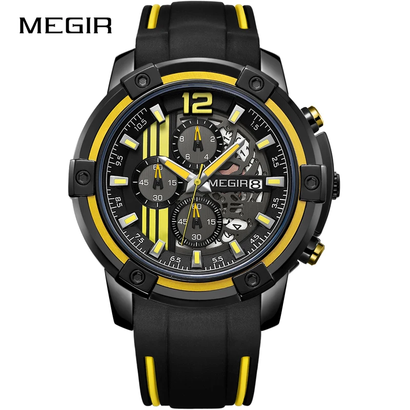 Yellow Новинка, MEGIR, креативные, большой циферблат, хронограф, мужские спортивные часы, военные, кварцевые часы, мужские часы, Relogio Masculino, Reloj Hombre - Цвет: Yellow
