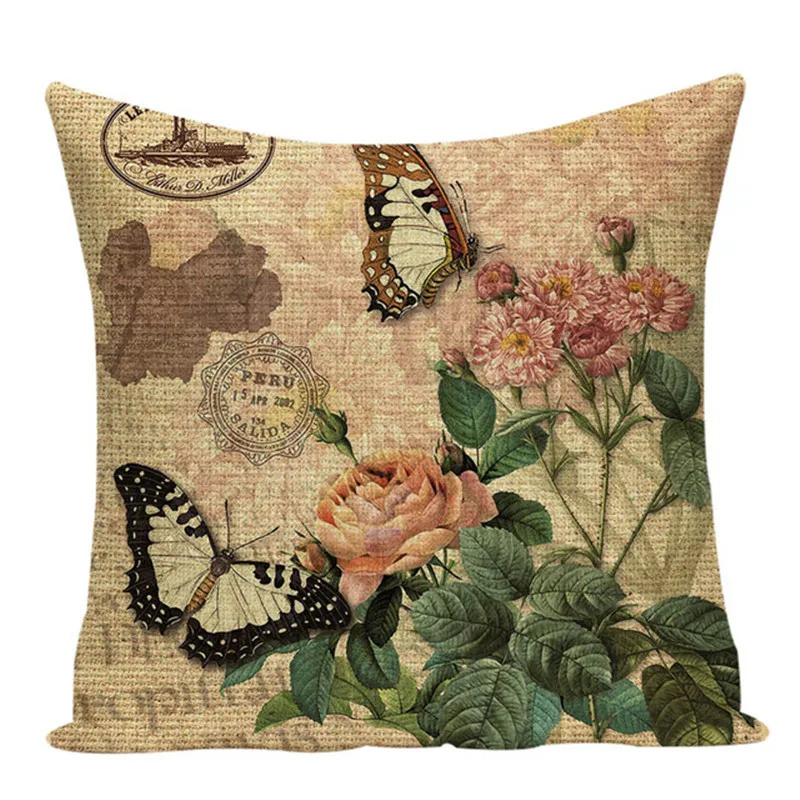 Наволочка для подушки в винтажном стиле с изображением растений розового цвета