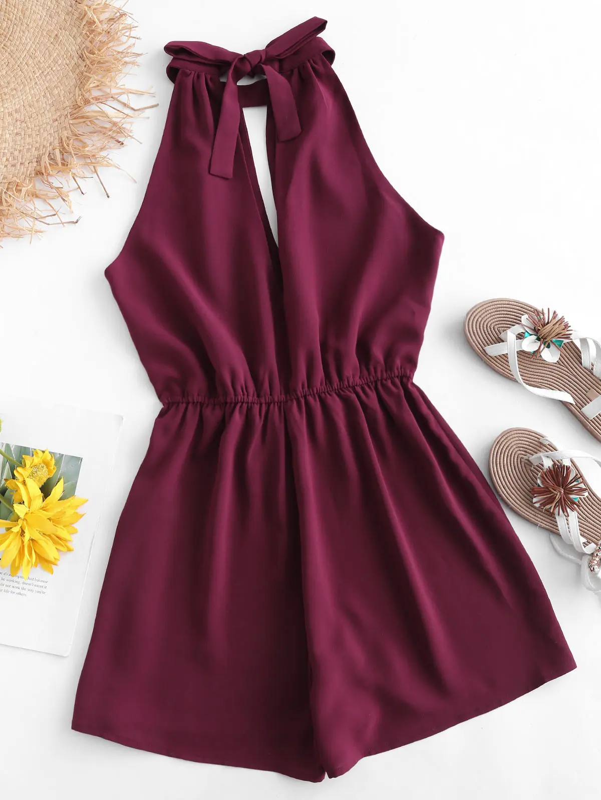 ZAFUL Tie Back Keyhole Flowy Romper Женщины Лето Круглый Воротник Без Рукавов Сплошной Цвет Комбинезоны Мода Короткий Комбинезон Комбинезон Комбинезон