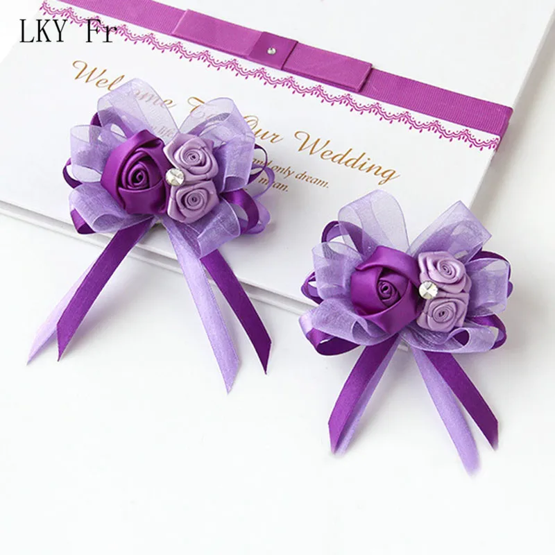 

LKY Fr Wedding Corsage Bracelet Georgette Bridesmaid Flower Cuff Wedding Bracelets for Guests/Women Boutonniere White Pink Roses