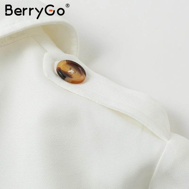 BerryGo Элегантный платье V-образны кнопкa рукавом платье V-образны кнопки с рюшами рукав женское платье Элегантный пояс пофис дамы траншеи плать платье