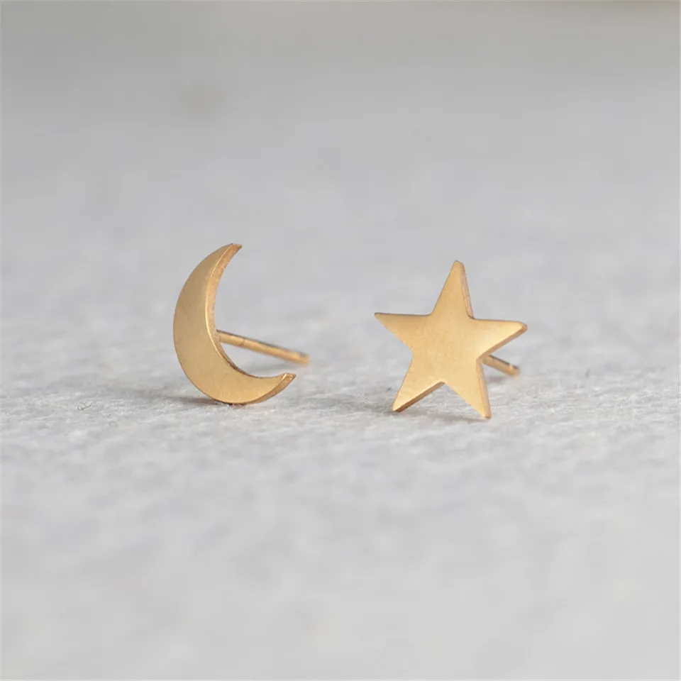 Gold star moon Новые Романтические Маленькие Золотые Серебряные Звезды Луны Прекрасные Формы Сердца Серьги Стержня Женщины Из Нержавеющей Стали Стад Уха Партия Подарки Подруги - Окраска металла: Gold star moon