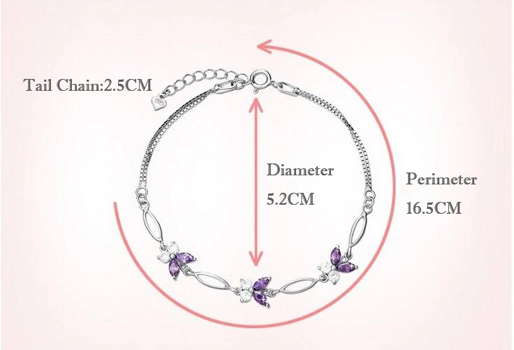 

Pure 925 Sterling Silver Amethyst Bracelets For Women Fine Jewelry Butterfly Shape Link Chain Bangle Bracelet Gift