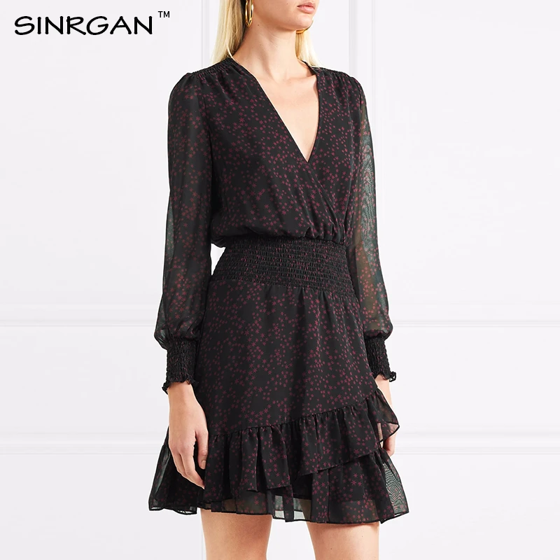 SINRGAN Black v-neck elegent sexy club dresses women vestidos Slim long sleeve solid summer dress Chiffon A-line vintage | Женская
