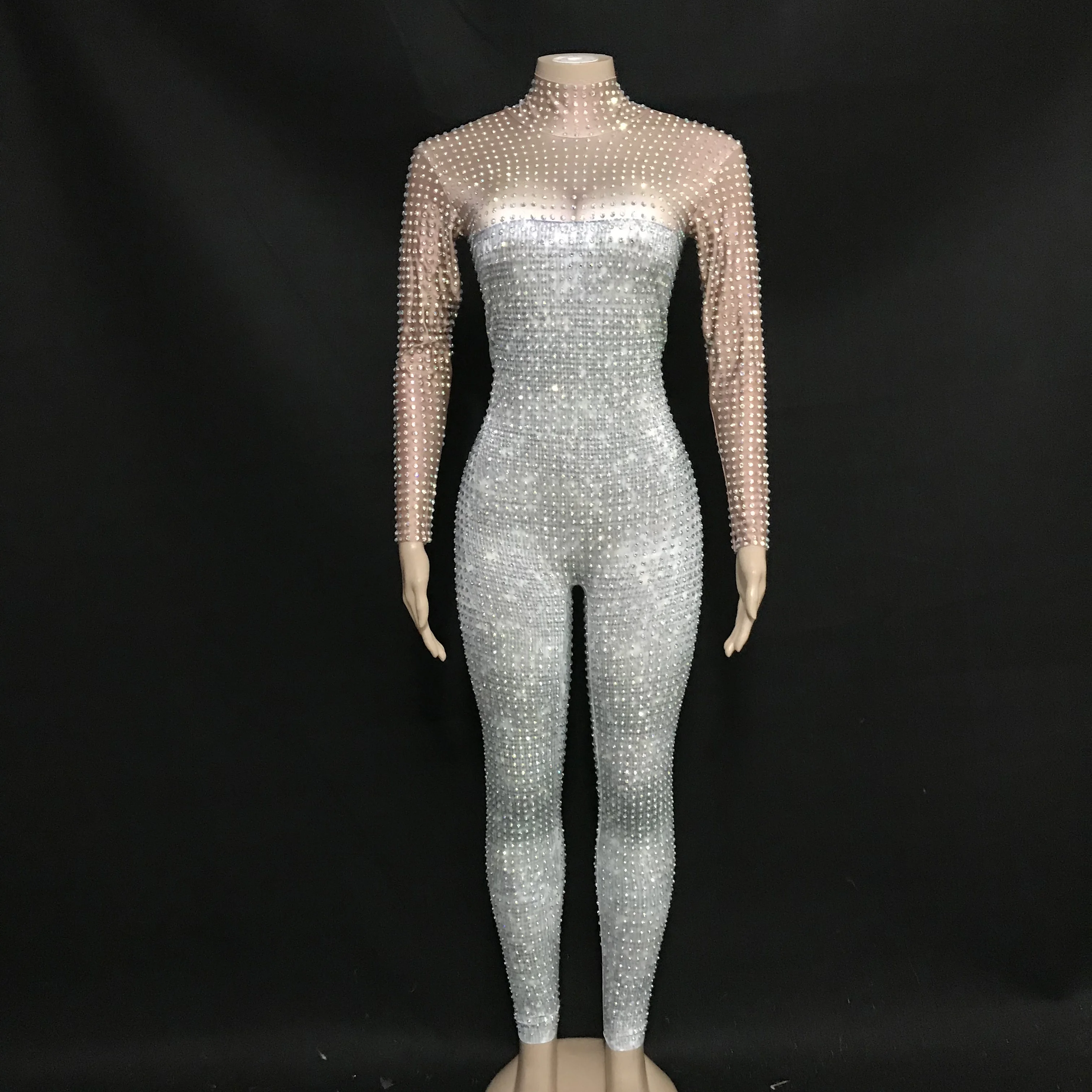 Fashion Full Rhinestone Long Sleeves Sparkly Jumpsuit Sexy Stage Outfit  Party Celebrate Women Dance Bodysuit Leggings Outfit