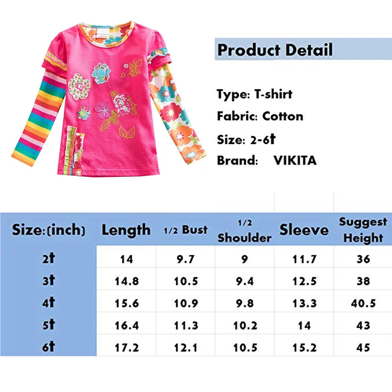 VIKITA/Детские футболки; детская футболка с цветочным рисунком; roupa infantil; футболка с длинными рукавами для девочек; детская одежда; Детские рубашки; L220 MIX