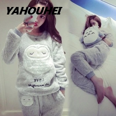 maotouyingrong gray Пижамные комплекты для женщин зимняя модная ночная рубашка домашняя одежда для отдыха женская фланелевая теплая пижама с длинным рукавом комплект ночного белья для девочек - Цвет: maotouyingrong gray
