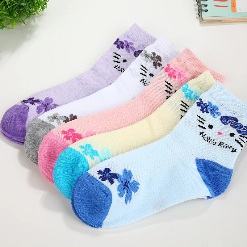 Calcetines de algod&oacute;n para ni&ntilde;a, medias transpirables de malla con dise&ntilde;o de gato, para primavera y verano, de 3 a 12 a&ntilde;os, 5 par/lote, 2016-1