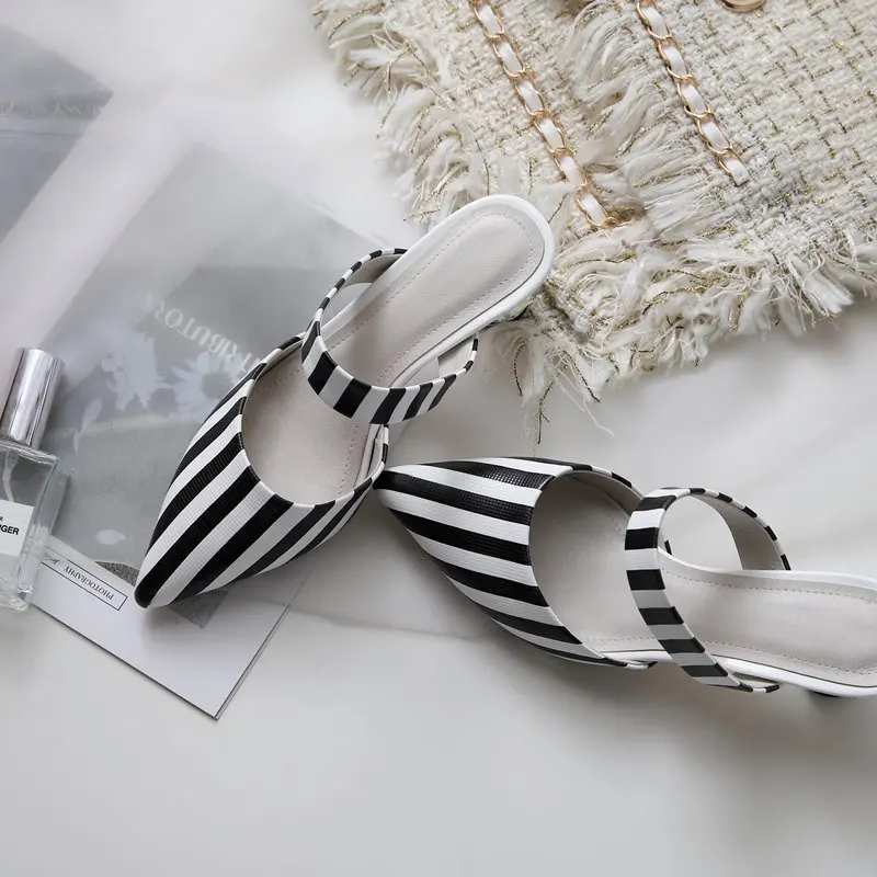 

ZVQ Fashion Slippers Woman Shoes Genuine Cow Leather White Striped Print Outside Summer Slides 5.5cm Mid Heels Plus Size Sandals
