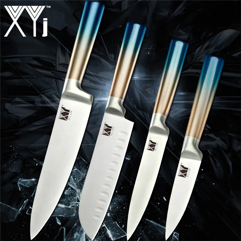 4PCS SET XYj набор кухонных ножей для приготовления пищи из нержавеющей стали с высокоуглеродистой сине-желтой ручкой острое лезвие, поварской нож 8 ''подставка для ножей - Цвет: 4PCS SET