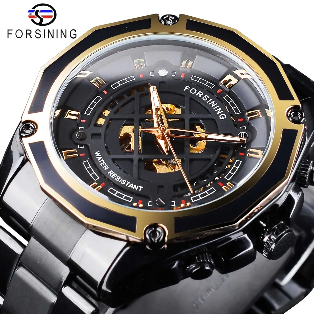 

Forsining Transparent Watches Luminous Design Black Stainless Steel Men Automatic Skeleton Watch Top Brand Luxury Montre Homme