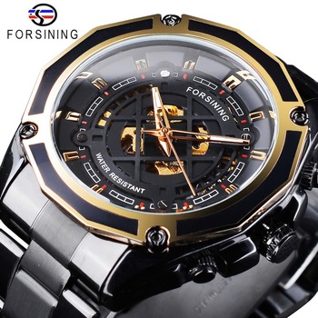 Forsining Transparent Watches Luminous Design Black Stainless Steel Men Automatic Skeleton Watch Top Brand Luxury Montre Homme