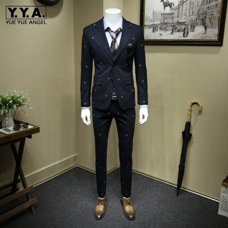 

High Quality Personlity Embroidery Host Gown Dress Striped Mens Suits Slim Fit Formal Wedding Dress Business Three Piece Sets