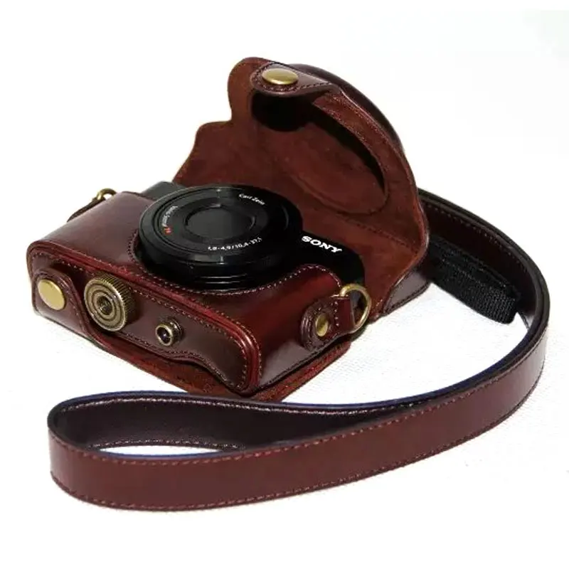 Высокое качество из искусственной кожи чехол для sony RX100 RX100II RX100 M3 RX100III M4 M5 M6 с винтом, чехол, ремень на плечо - Цвет: Dark Coffee