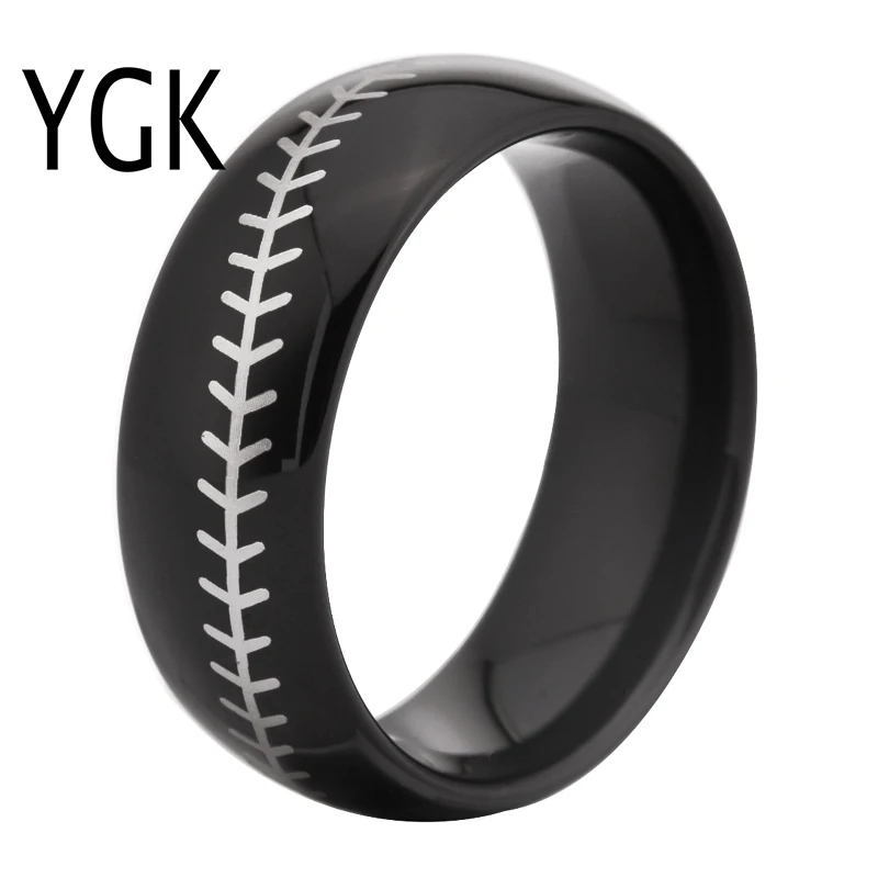 

YGK Brand 8MM Black Dome with White Baseball Stitch Comfort Men's Fashion Tungsten Wedding Ring