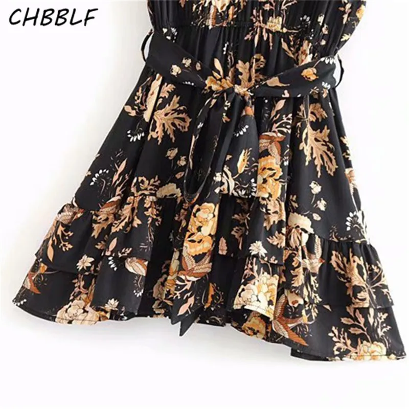 CHBBLF Женские винтажные цветочный мини-платье V шеи с коротким рукавом