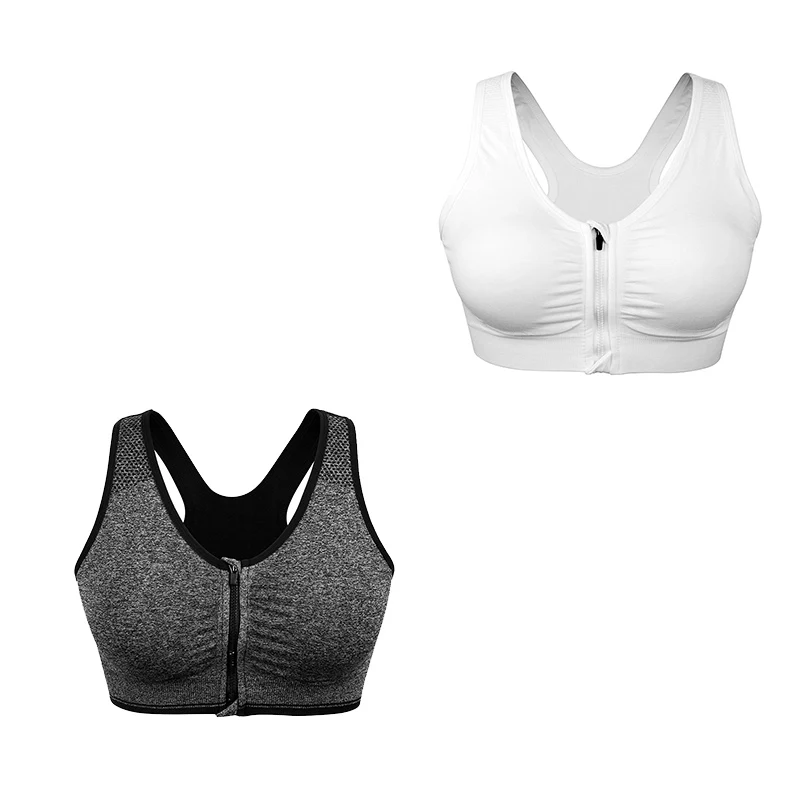 S-XL, женский спортивный бюстгальтер, полная чашка, передняя молния, для бега, мягкий, без проволоки, Вибростойкий, для фитнеса, нижнее белье, пуш-ап, бесшовный, для йоги - Цвет: GRY WHI
