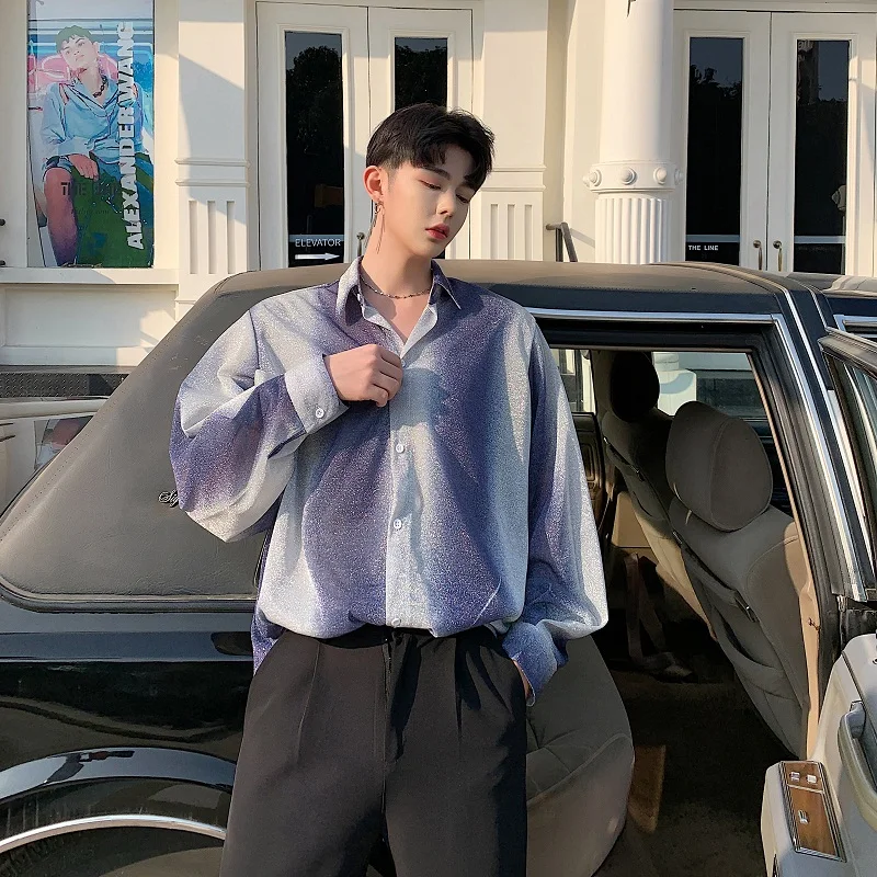 M-XXL!!Spring and autumn gradient color printing dyeing loose long-sleeved shirt tide brand men's temperament net red shirt. | Мужская