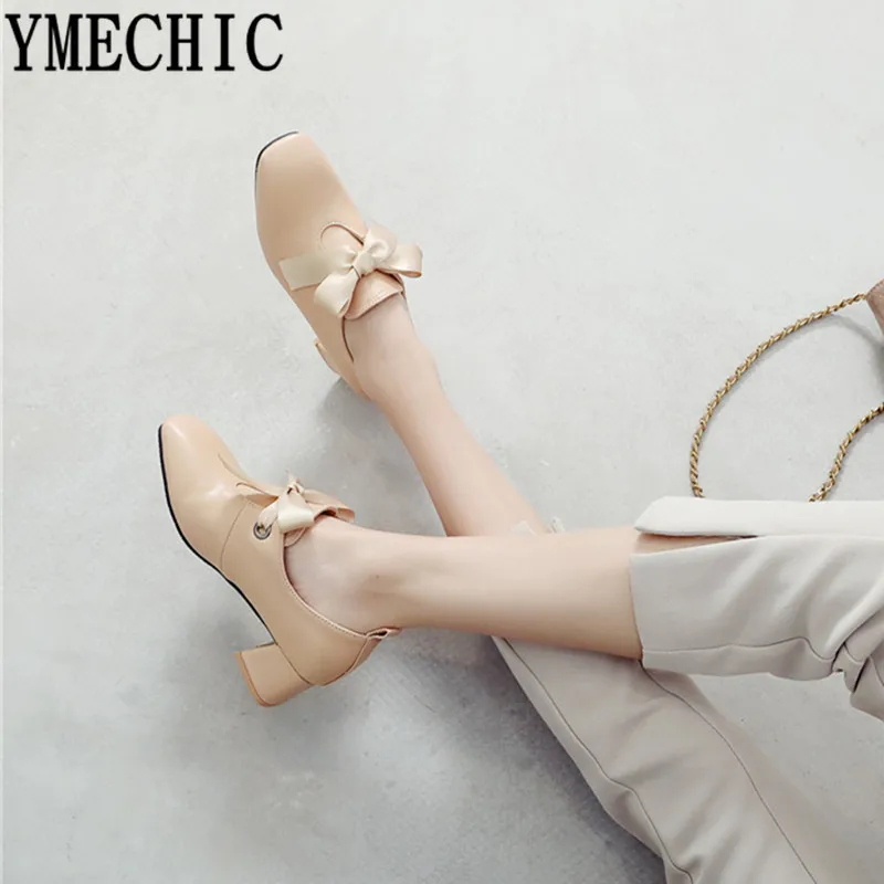 Женские туфли на квадратном каблуке YMECHIC весенние черные белые среднем с