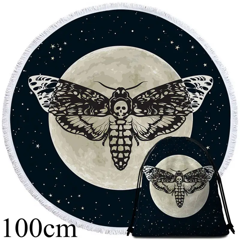 002 Towel 100cm-Bag Постельное белье Outlet Death Moth круглое пляжное полотенце Готический Череп полотенце большое для взрослых бабочка Toalla кисточкой Луна галактика коврик для пикника - Цвет: 002 Towel 100cm-Bag