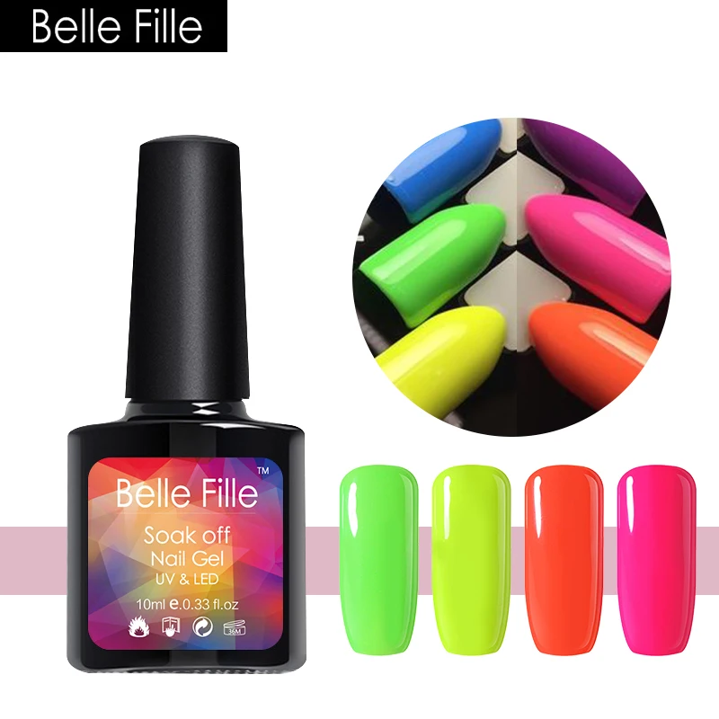 Belle Fille неоновый цвет УФ гель лак для ногтей замочить от сверкающих лаков