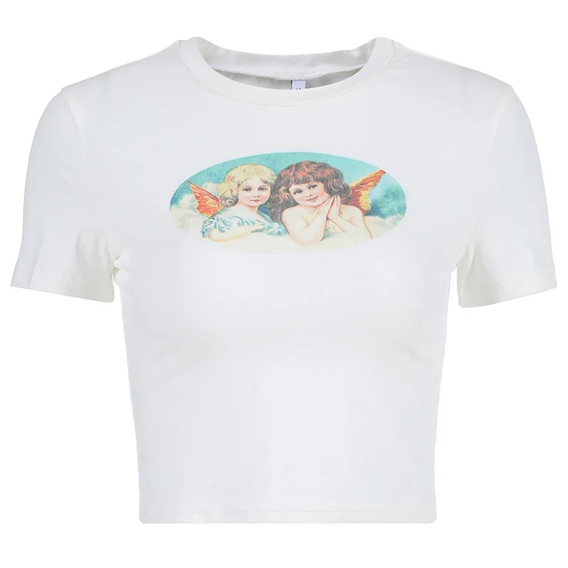 Харадзюку Ангел печати Черный Белый укороченный Топ для женщин короткий рукав