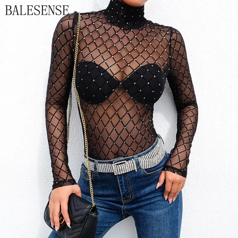 Пикантные прозрачные Черный боди Для женщин Рыболовная Сеть тела s Водолазка с