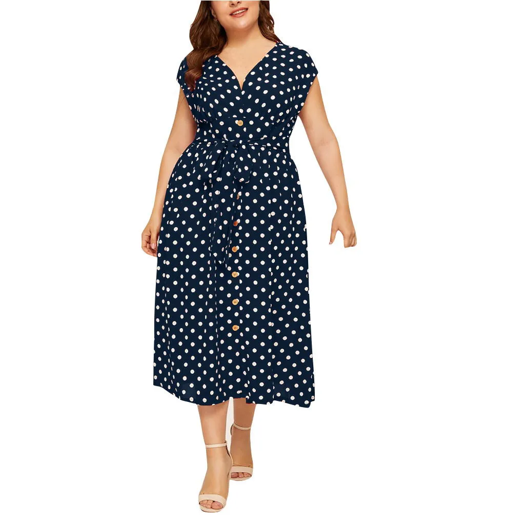 NY MISSOMO 5XL, женское платье, повседневное, размера плюс, длинное, макси, платье в горошек, с принтом, на пуговицах, с поясом, летнее платье, женская одежда 621 - Цвет: NY