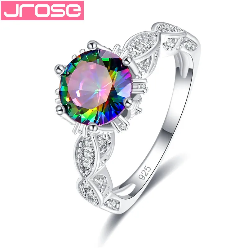 

JROSE Women Bridal Wedding Engagement Classic Finger Rings Super Shiny Rainbow Cubic Zircon Silver Crystal Jewelry Present