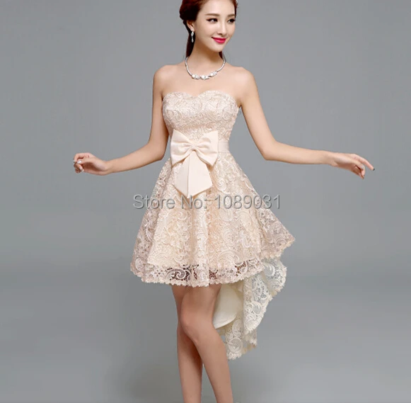 

Новинка кружевные платья для подружек невесты с бантом Розовое/красное/цвета шампанского элегантное короткое спереди длинное сзади платье...