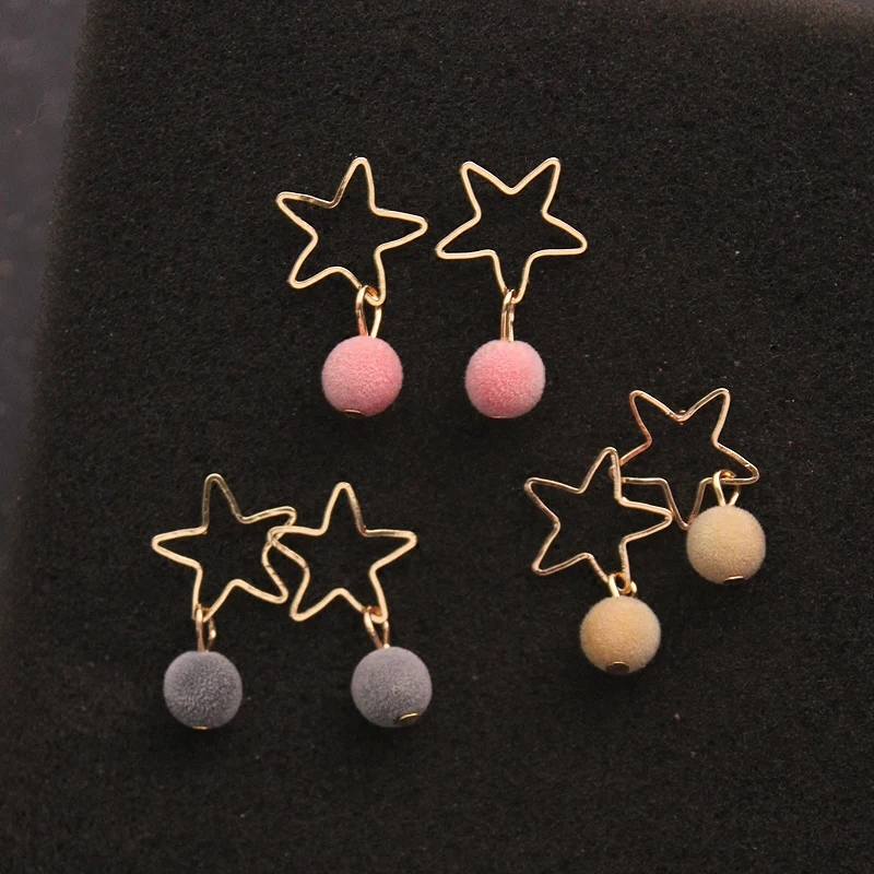 2018 New Fashion Princess style pink/grey/red/black stars hollow tassel Ball Super Cute Fluffy Balls Pompon Earrings lovers gift | Украшения