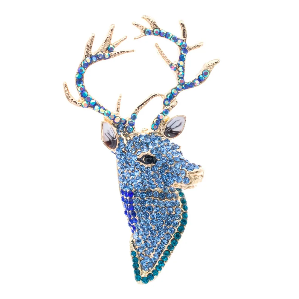 Брошь олень стразы кристаллы синий голова животного брошь булавки ювелирные