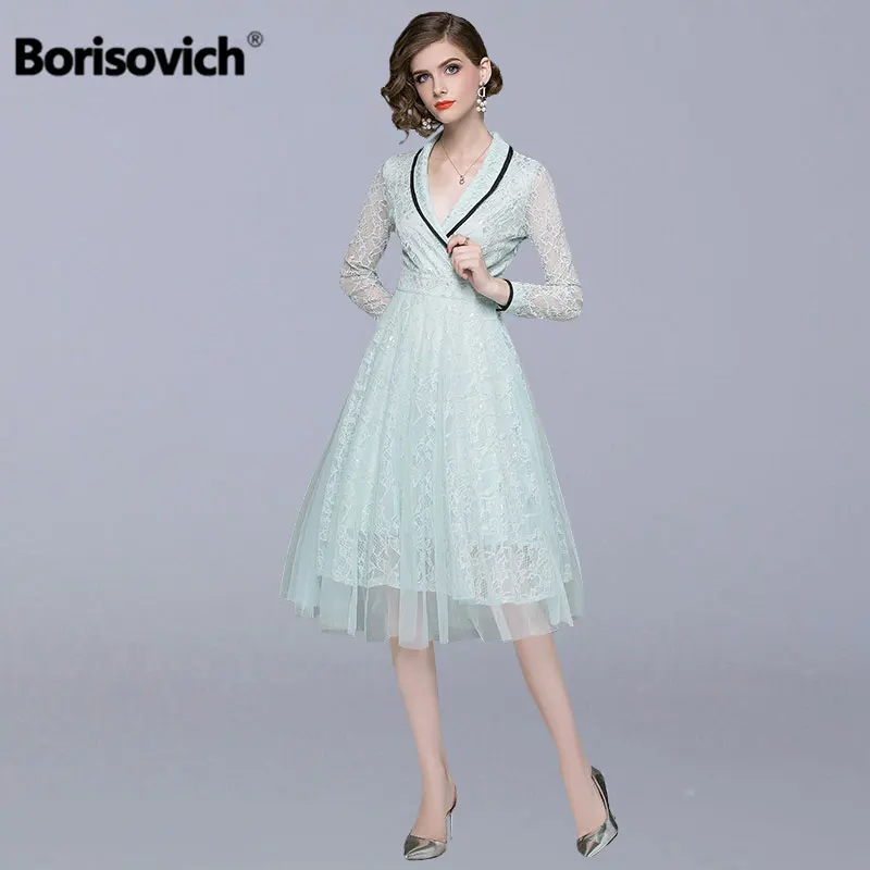 Borisovich женское элегантное вечернее платье, новинка, осенняя мода, английский стиль, v-образный вырез, большие качели, а-силуэт, женские кружевные Длинные платья N143