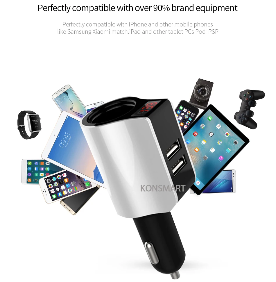KONSMART Универсальный двойной зарядное устройство USB для iPhone X, 8, 7, 5 V/2.4A мини-светодиод машины-Зарядное устройство адаптер для samsung S8 автомобильного прикуривателя Зарядное устройство
