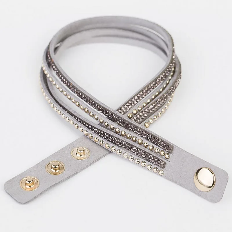 Новый стильный кожаный Браслет манжета Punk кристалл горный хрусталь браслет