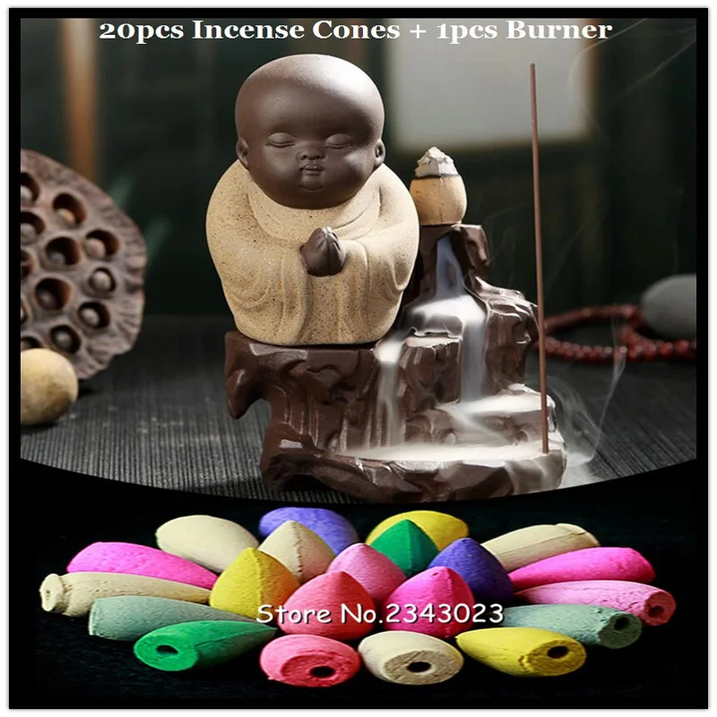 Creative Home Decor The Little Monk Small Buddha Censer Backflow Incense Burner Use In Teahouse 20Pc Cones + | Дом и сад