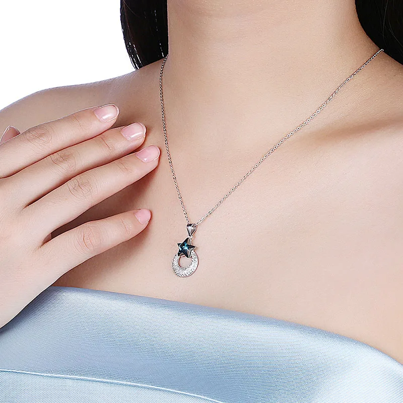 

Genuine Crystal From Swarovski Necklace Star Rhinestone Round Pendant For Women Lady Choker 925 Silver Fine Jewelry Wedding Gift