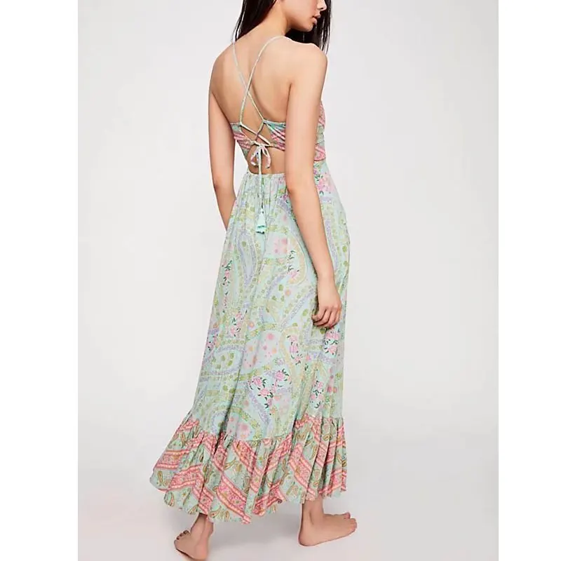 Женское пляжное платье с открытой спиной Boho свободное повседневное оборками