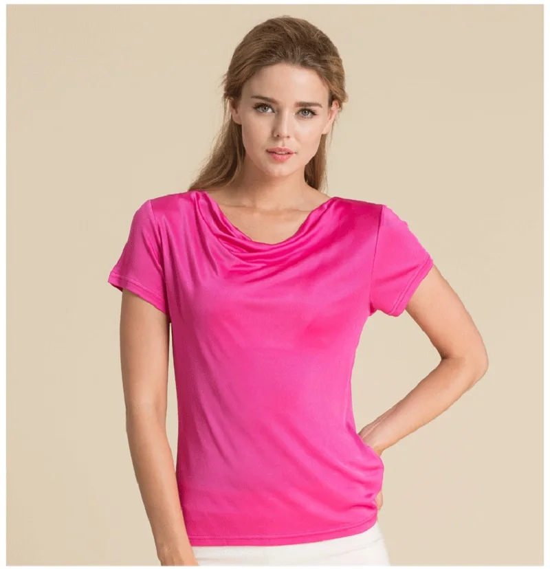 

Summer Women 100% Real Silk T-shirt Knitted Short Sleeve Shirts Comfortable Breathable Loose T-shirts Women Tops Tees1190