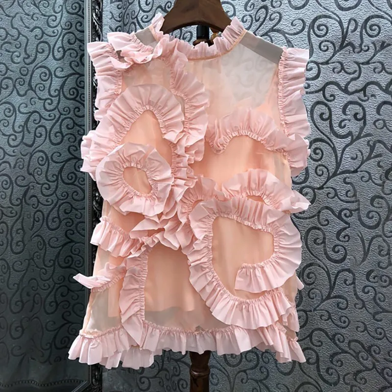 pink TWOTWINSTYLE, повседневная однотонная женская блузка со стоячим воротом, без рукавов, с оборками, свободная рубашка, женская мода, лето, новинка - Цвет: pink
