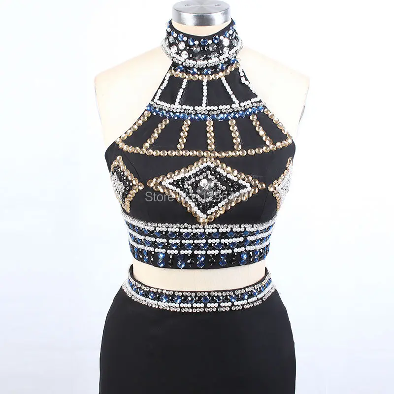 Халат Де Вечер Высокая Шея Длинные Вечерние Платья Черный Шифон Банкета Кристалл