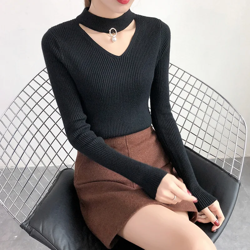 Sexy Halter V-Neck Bodycon Sweater 2018 Autumn Winter New Cute Solid Beading Slim Lady Pullovers Female Knitted Thick | Женская одежда